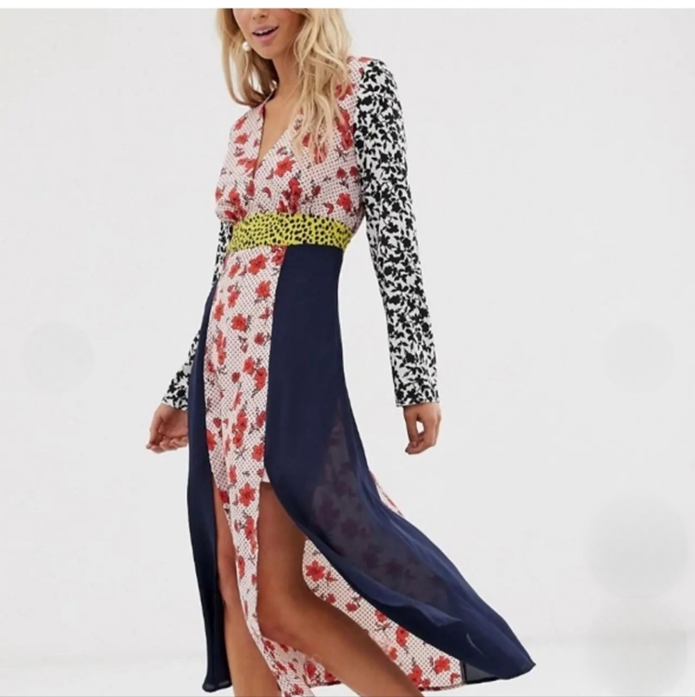 Glamorous Navy Floral Mixed-Print Long Sleeve Maxi Dress Size 6